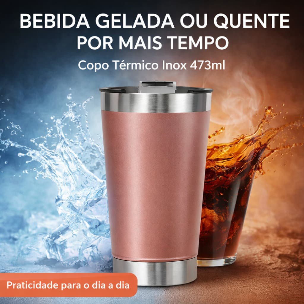 Copo Térmico Inox 473ml com Tampa e Abridor Garrafa Parede Dupla Aço Inoxidável Bebida Gelada ou Quente Rosê