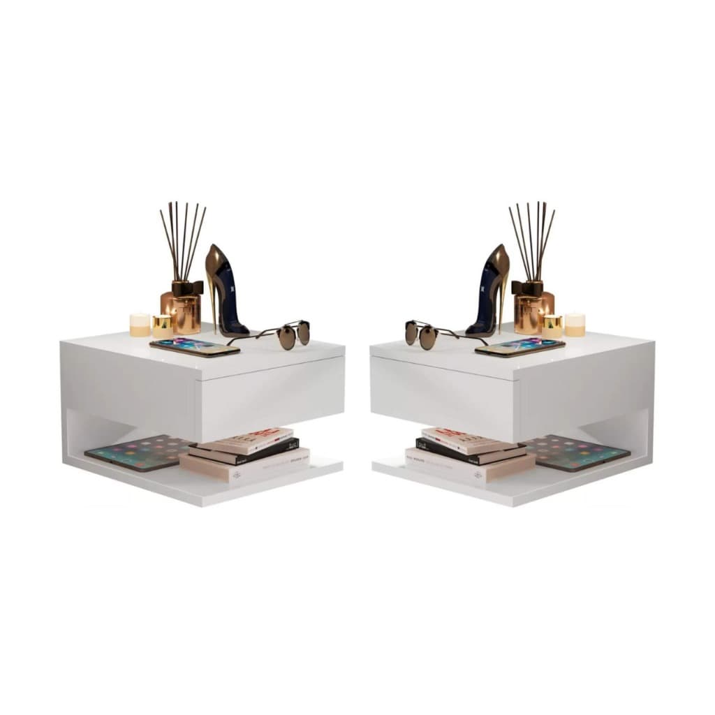 Kit 1 e 2 Mesas de Cabeceira Suspensa Decore Com Gaveta Branco
