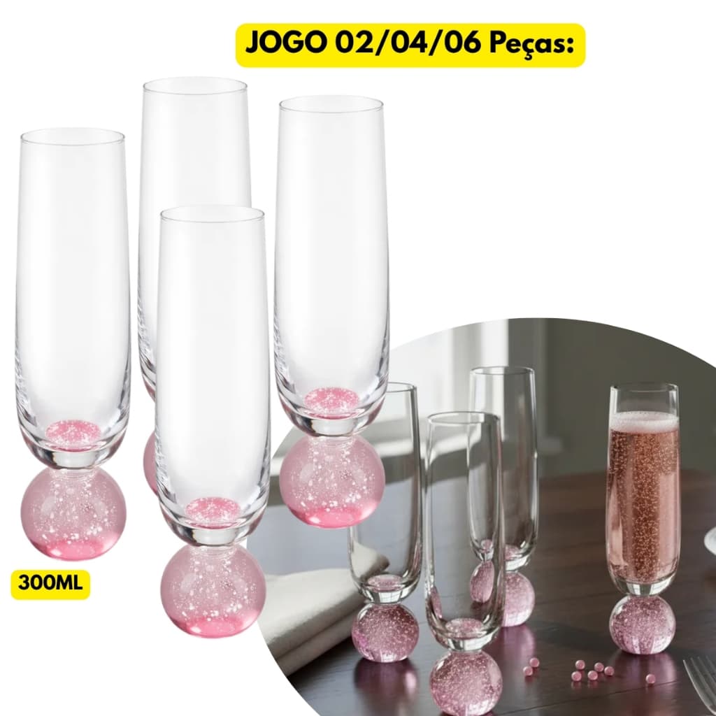 Jogo Kit 02/04/06 Taças Vidro Cristal 300ML Orbe Rose Champanhe Bubble Esfera Drink Luxo Chique