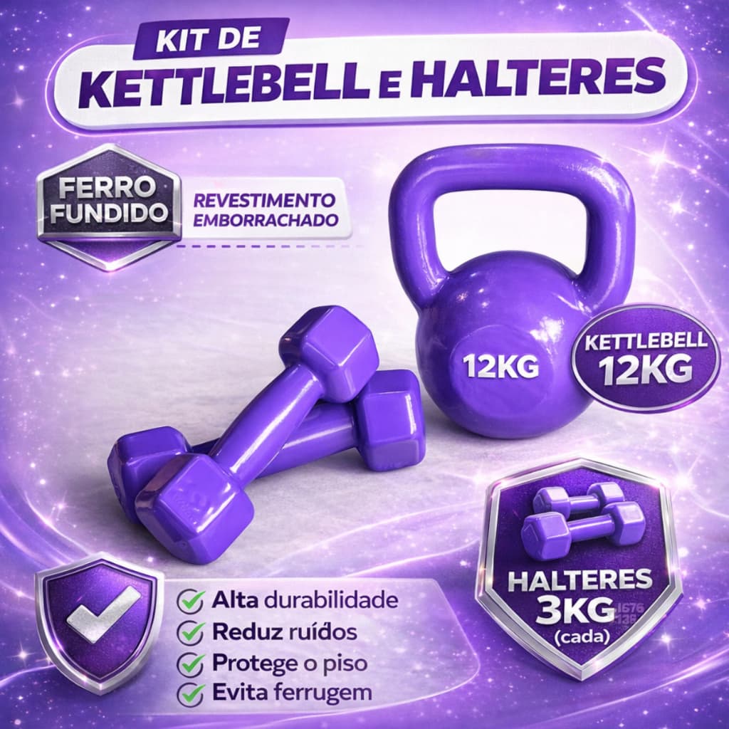 Kit Halter Sextavado 3kg + Kettlebell 12kg Emborrachado Lilás Academia Peso Treino Casa Musculação