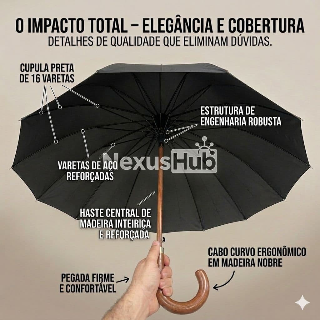 Guarda-chuva NexusHub 16 Varetas Reforçado Haste Madeira Nobre Cabo Curvo Premium Preto Unisex