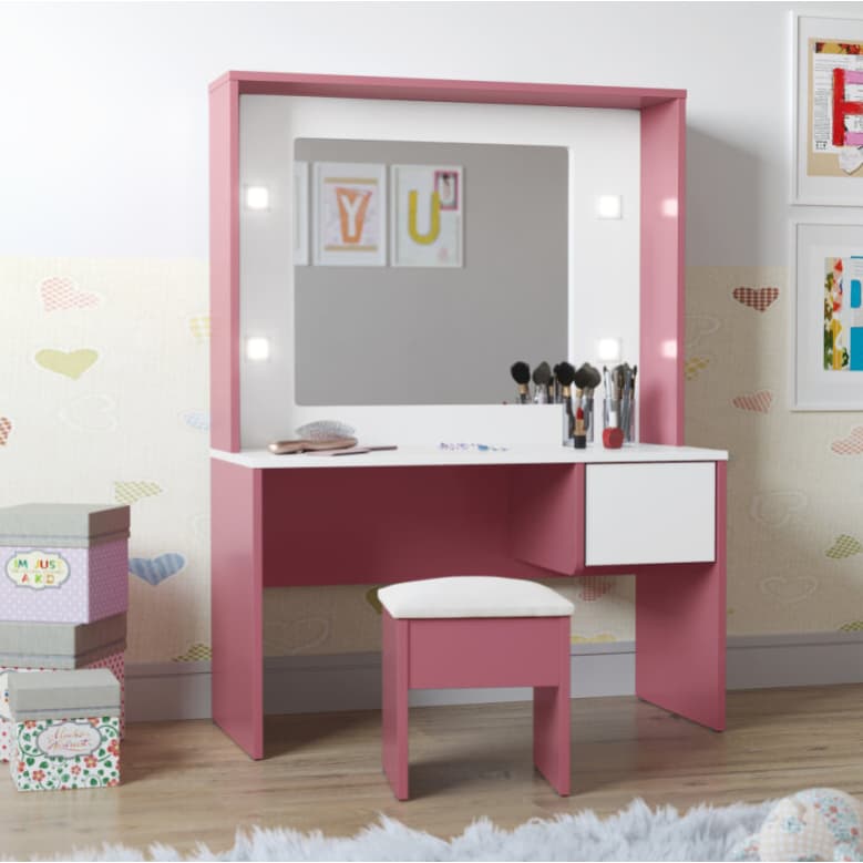 PENTEADEIRA INFANTIL BRANCA ROSA COM ESPELHO E BANQUETA MDF COM LED LINDA E RESISTENTE - Diana