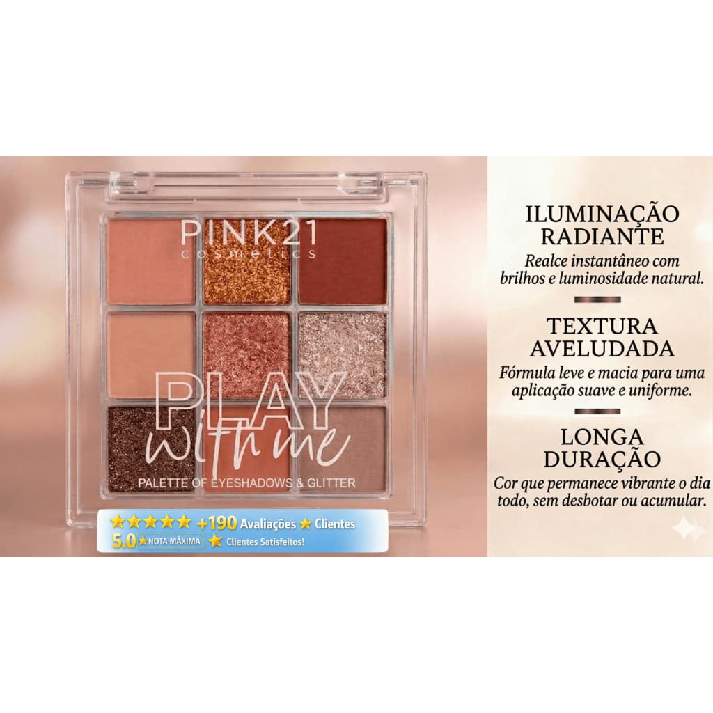 Paleta de Sombras Maquiagem Pink21 Cor 01 Glitter Alta Pigmentação Brilho Intenso Make Profissional