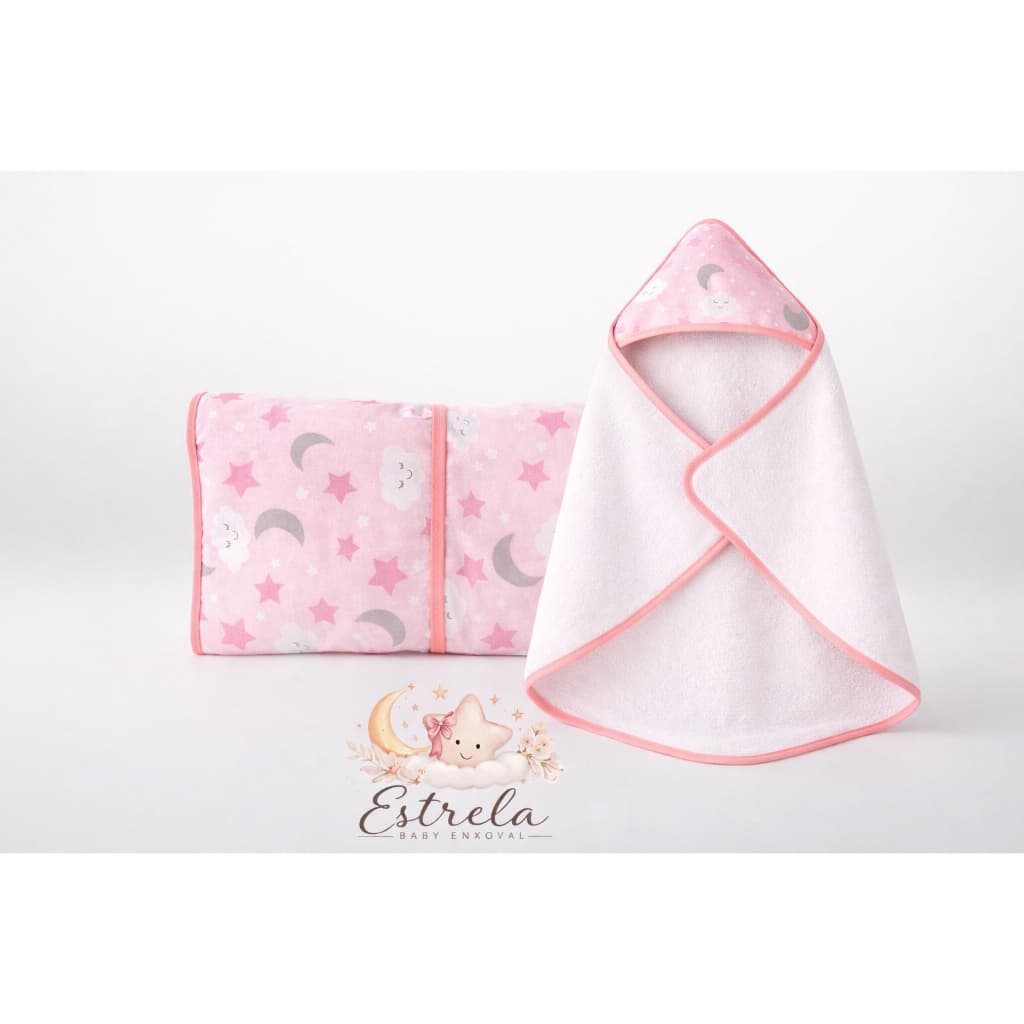 Kit Bebê Toalha Forrada com Capuz + Trocador Portátil Dobrável com Bolso | Enxoval Prático e Macio