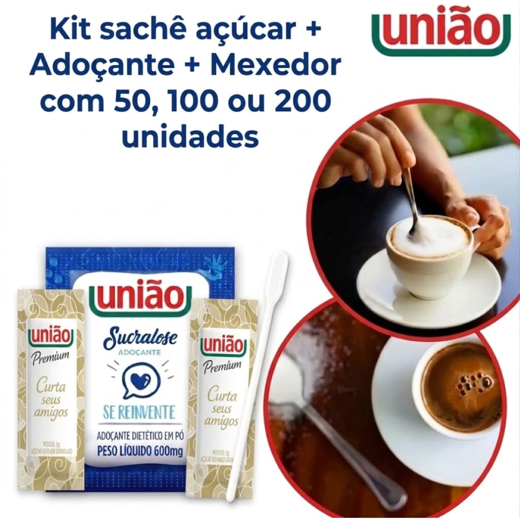 Kit Açúcar Sache União + Adoçante Sachê Sucralose + Mexedor p/ Café | Escolha 50, 100 ou 200 unid