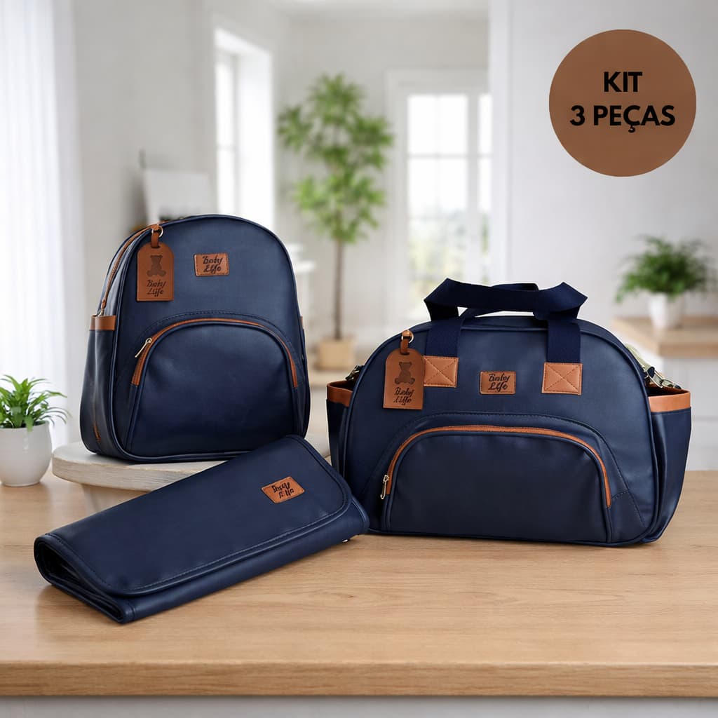 Combo Bolsa Maternidade 3 Peças Azul Marinho Mochila Bolsa Grande Trocador Bolsa Bebê Impermeável Grande Capacidade