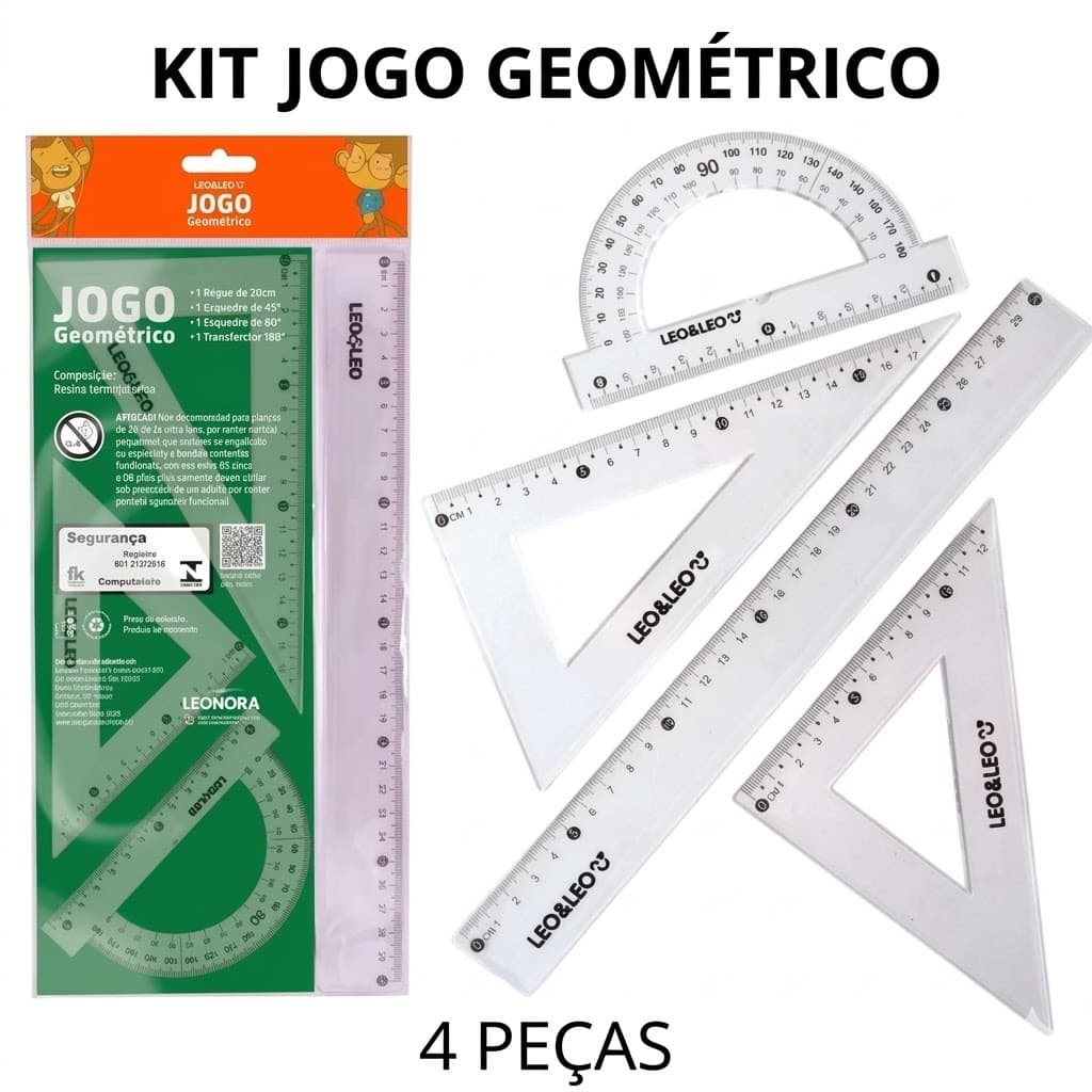 Jogo Geométrico Cristal 4 Peças Régua 30cm Esquadros Transferidor Leo&Leo Escolar Geometria