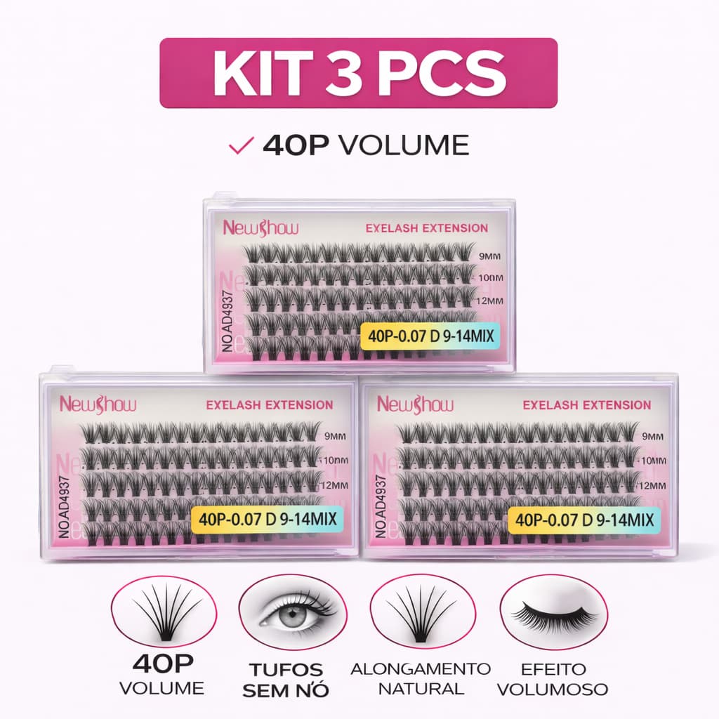 New Show Kit 3 Caixas Cílios Tufos 20P/30P/40P/50P Volume Brasileiro Alongamento Natural Sem Nó Simples e fácil de usar