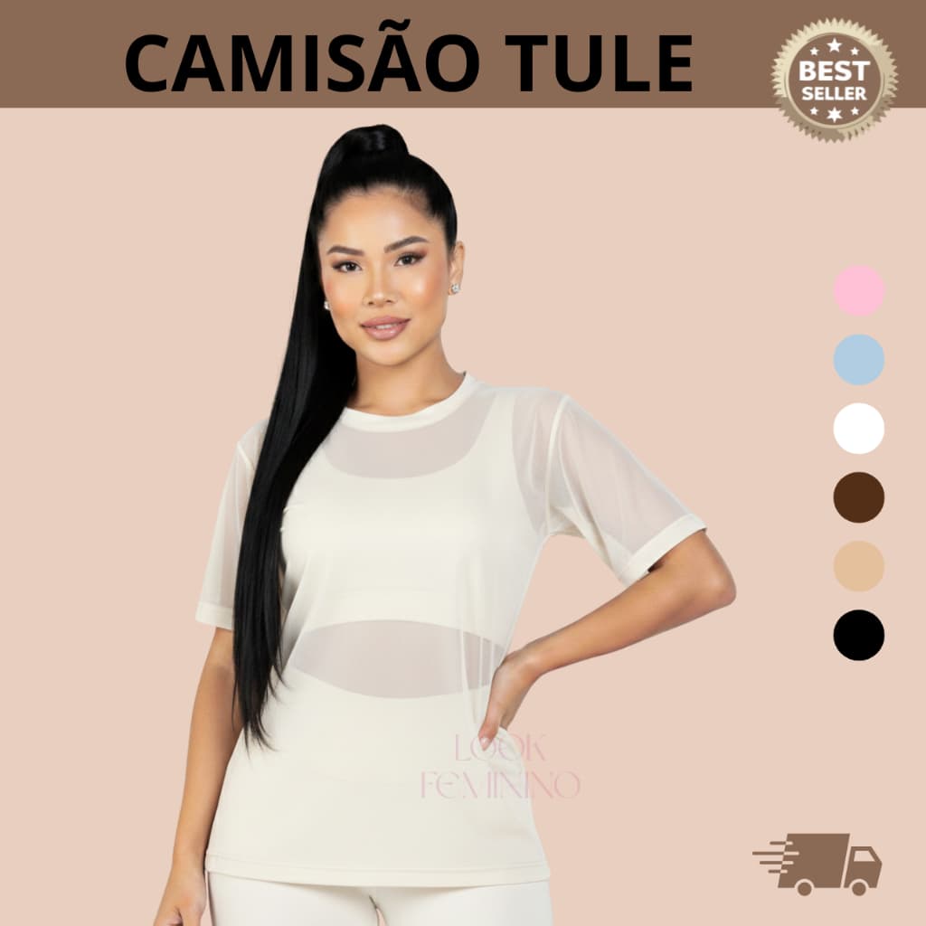 Camiseta Tule Feminino Transparente Camisão Academia Manga Curta Blusa de Treino Fitness