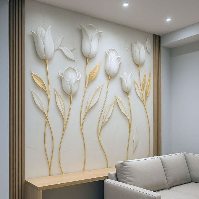 PAPEL DE PAREDE PARA SALA SOFISTICADO TULIPAS BRANCAS COM DETALHES DOURADOS + RIPA MADEIRA