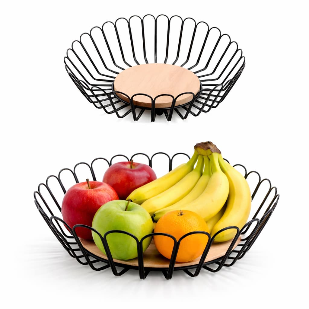 Fruteira Aramada Preta com Base de Madeira 28cm – Cesto Redondo para Frutas e Decoração