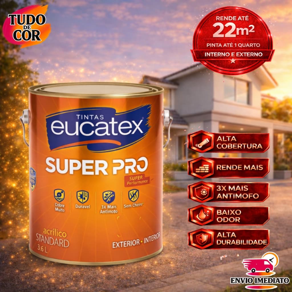 Tinta Acrílica Lavável Super Pró Fosco 3,6 Litros Eucatex, Interna e Externa, Antimofo, Várias Cores