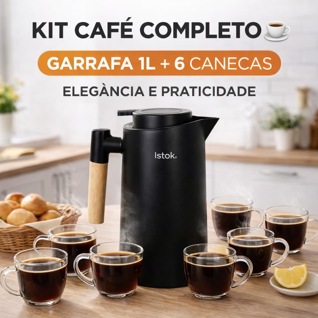 Kit Garrafa Térmica 1L + 6 Canecas Vidro 250ml Café Chá Mantém Quente e Frio Até 12h Design Moderno Garrafa  de Café