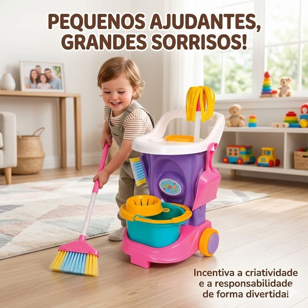 Carrinho de Limpeza Infantil Completo Kit Cleaning Educativo com Acessórios na cor verde e rosa