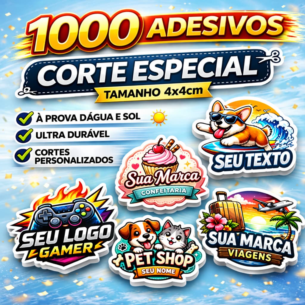 Adesivos Personalizados 4x4 cm Corte Especial Vinil à Prova D'água Sua Logo 1000 Etiquetas para Embalagem Delivery Mimos