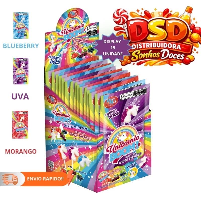 PIRULITO EXPLOSIVO UNICÓRNIO BOOM 15UN × 12G - Doce mix candy