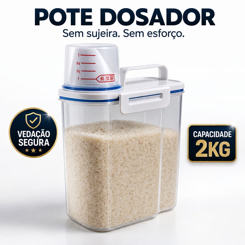Pote Hermético com Dosador 2kg Dispenser de Arroz Açúcar Grãos Porta Mantimentos Cozinha