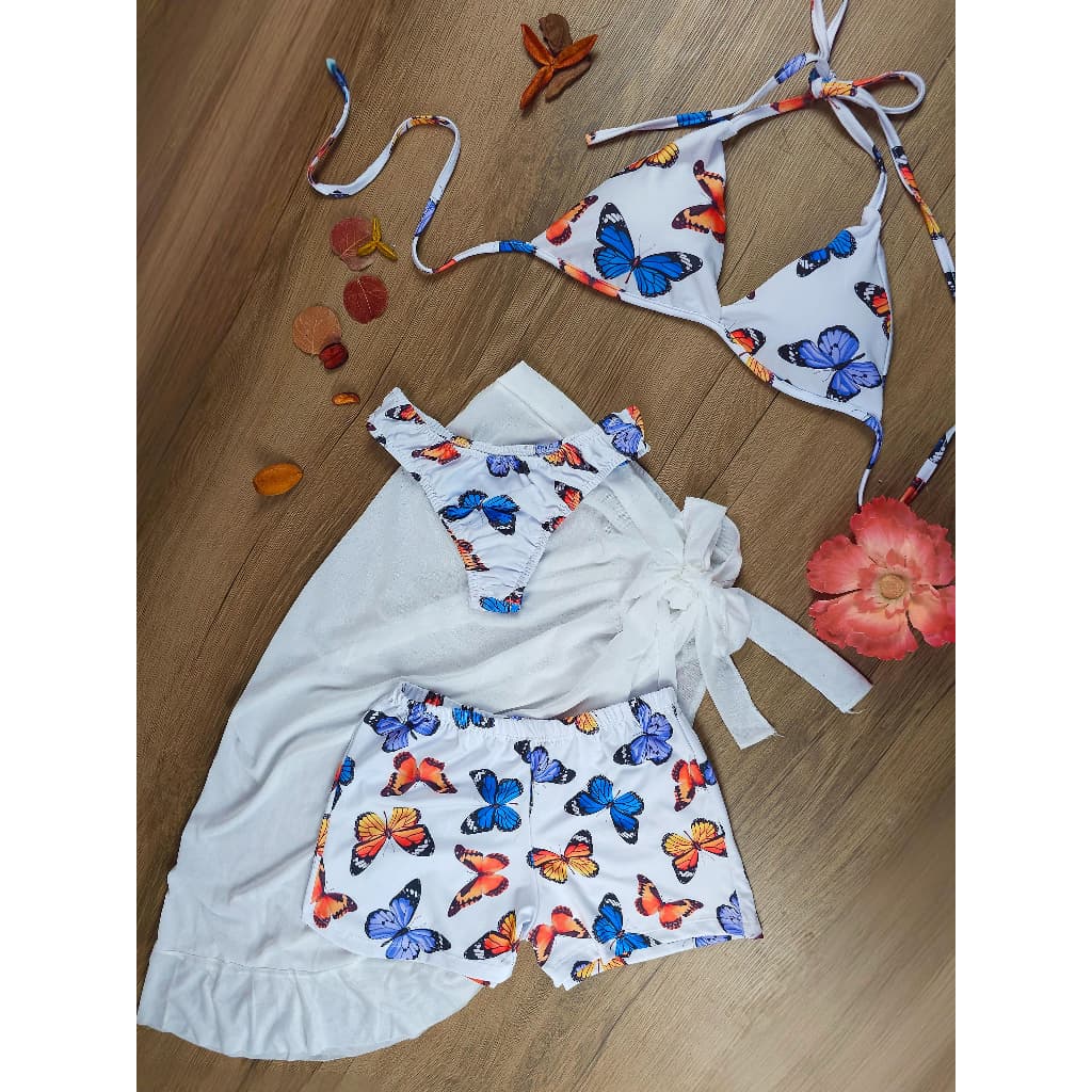 Kit 4 Peças Estampas Personalizadas, Top + Calcinha + Short + Saída de Praia Feminino P,M,G