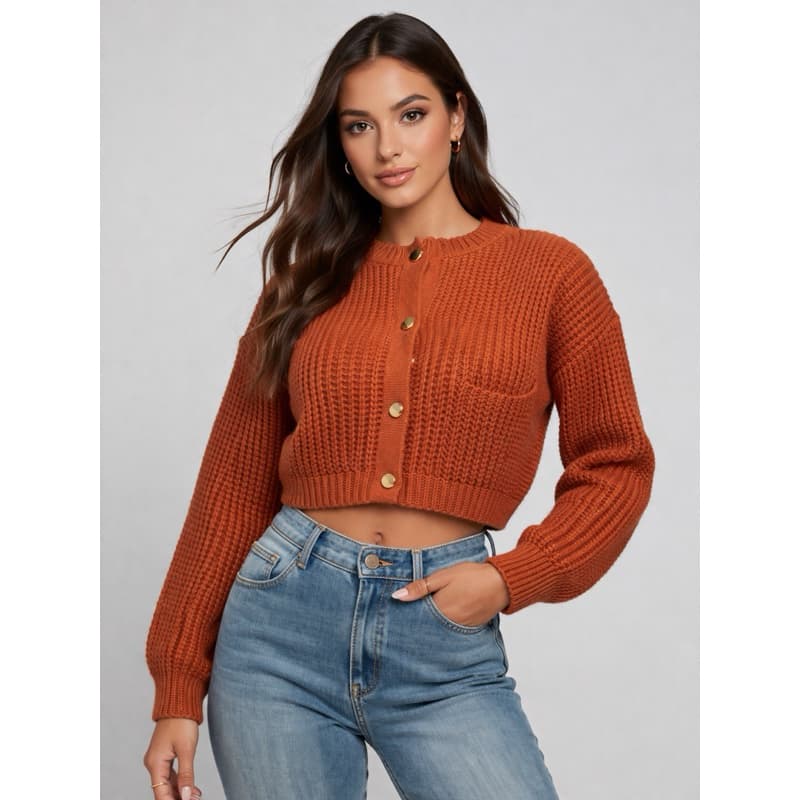 Casaco Cardigan Cropped Feminina Trico Moda inverno Blusa de Frio com botões Dourados, Cardigan com Bolsos