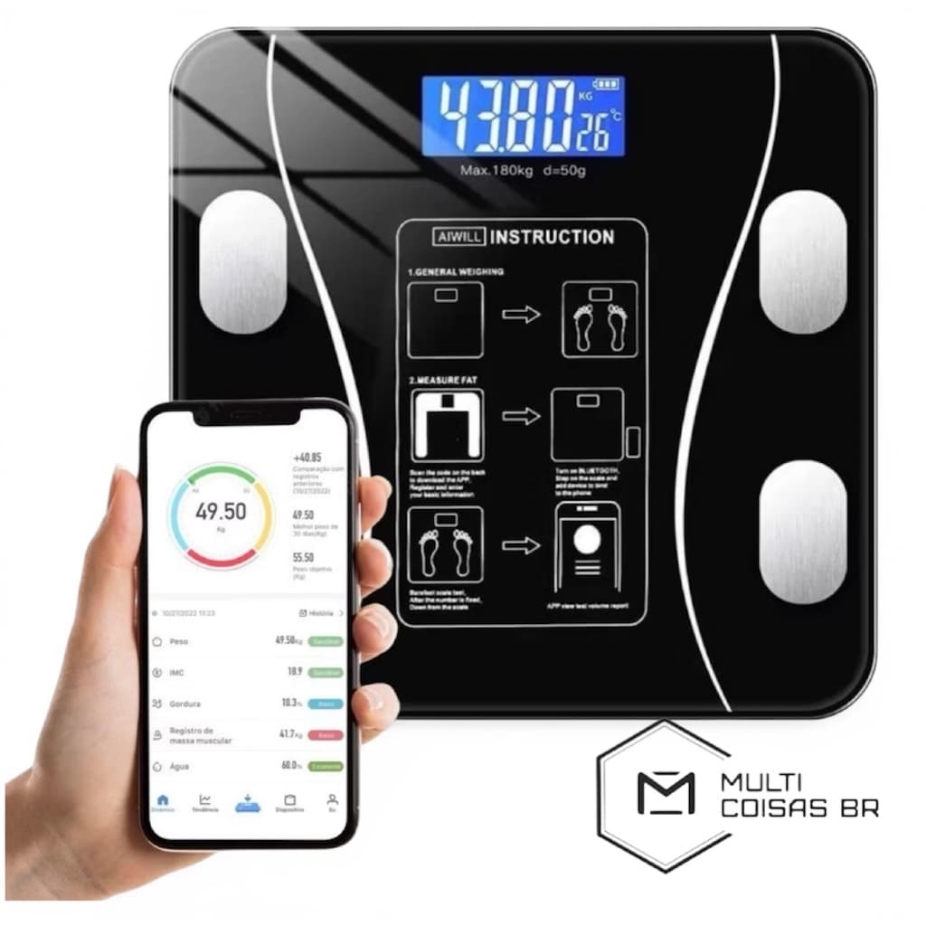 Balança Bioimpedancia Digital Bluetooth Corporal até 180kg Resultado Pelo Celular