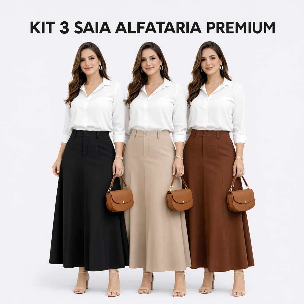 Kit 3 Saia Longa Feminina Alfaiataria Cintura Alta Elegante Moda Evangélica