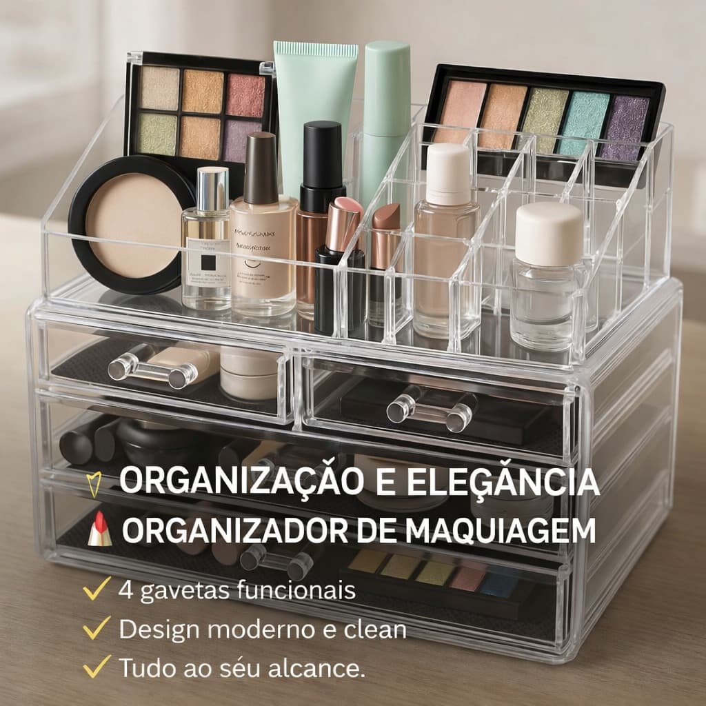 Organizador Acrílico 4 Gavetas Make Cosméticos Maquiagem 16 Cavidades Organização Completa