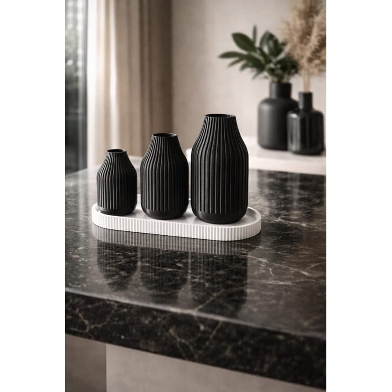 Kit 3 Vasos Decorativos + Bandeja Moderna | Decoração Minimalista Luxo Preto e Branco