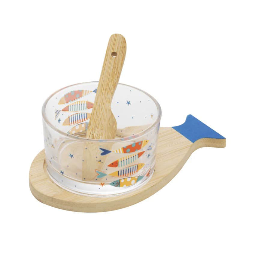 Kit Petisqueira Vidro Tábua e Espátula Bambu Iki Peixes 3 Pçs Wolff C12