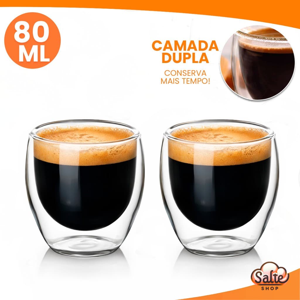 Kit Copo De Vidro Isolante Parede Dupla Resistente 1 ou 2 Unidades 80ML Para Café Chá Leite Pelando