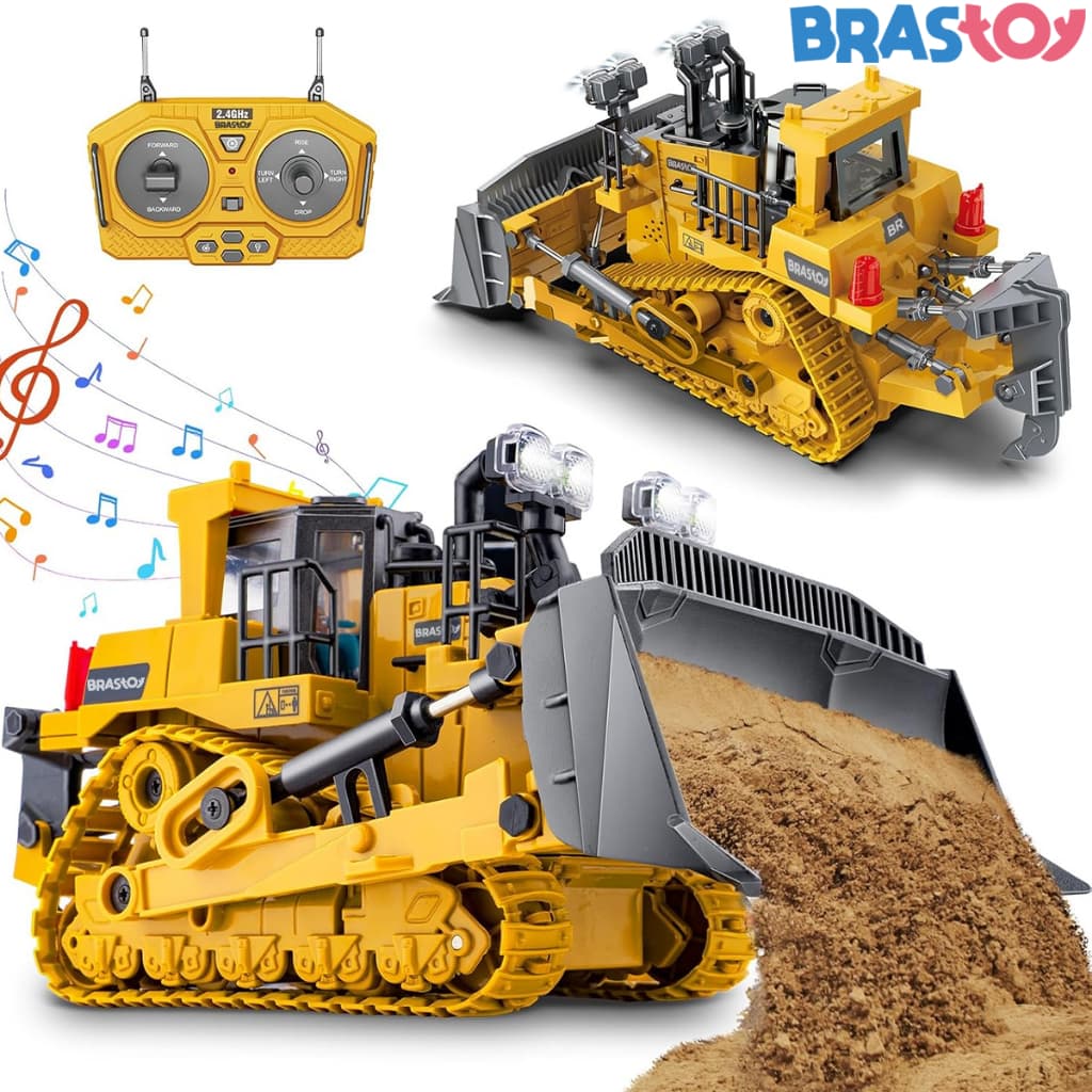 Brastoy Trator de Esteira de Controle Remoto – Modelo Realista com Luzes, 2 Baterias e Acessórios Completos