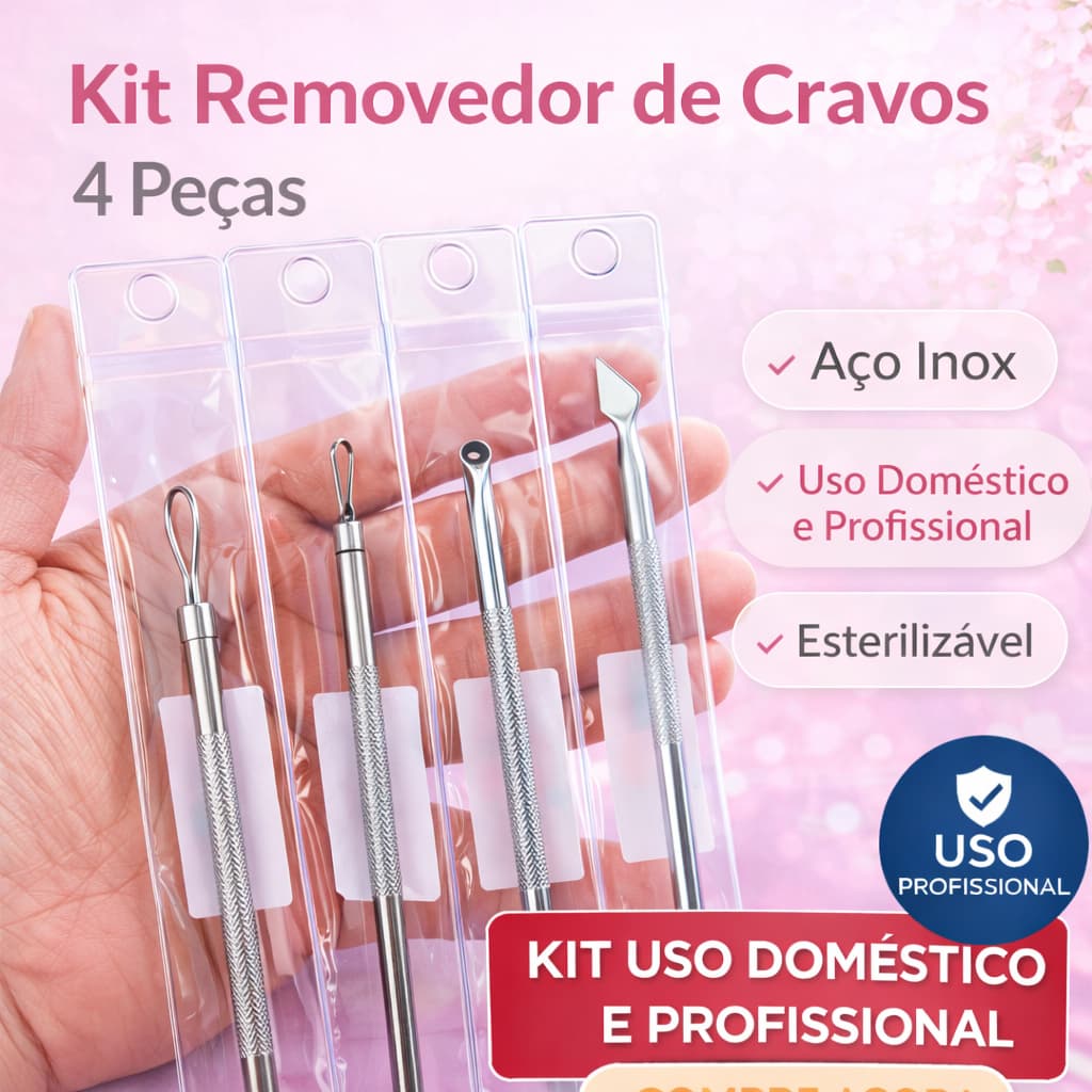 Extrator de Cravos Profissional 4 Peças Aço Inox Limpeza de Pele