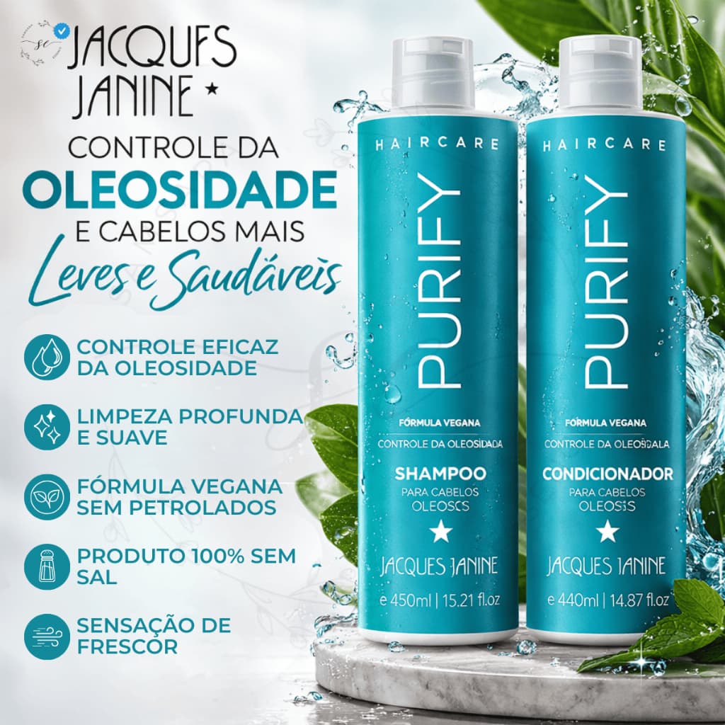 Shampoo e Condicionador Controle de Oleosidade Sem Sal Vegano Purify Jacques Janine Linha Pro