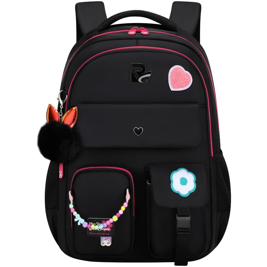Mochila feminina escolar preta kawaii com pompom e miçangas grande resistente casual escola viagem moda