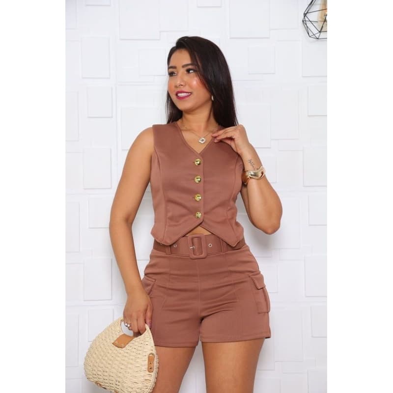 Conjunto Feminino Malha Neo Preme Verão Confortável Short + Blusa+Cinto  P/M/G/GG Moda Tendência