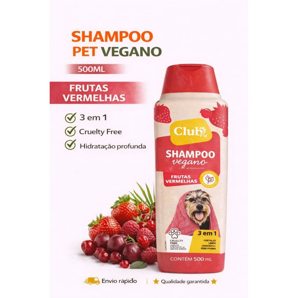 Shampoo Pet Vegano Frutas Vermelhas 500ml 3 em 1 – Hidratação Profunda para Cães e Gatos