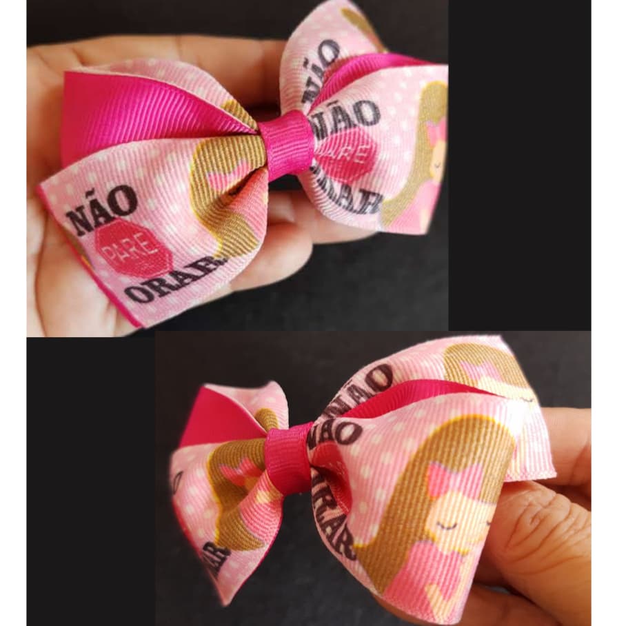 Laço de Cabelo Menina Orando - Temático Não pare de orar - Laço estampado