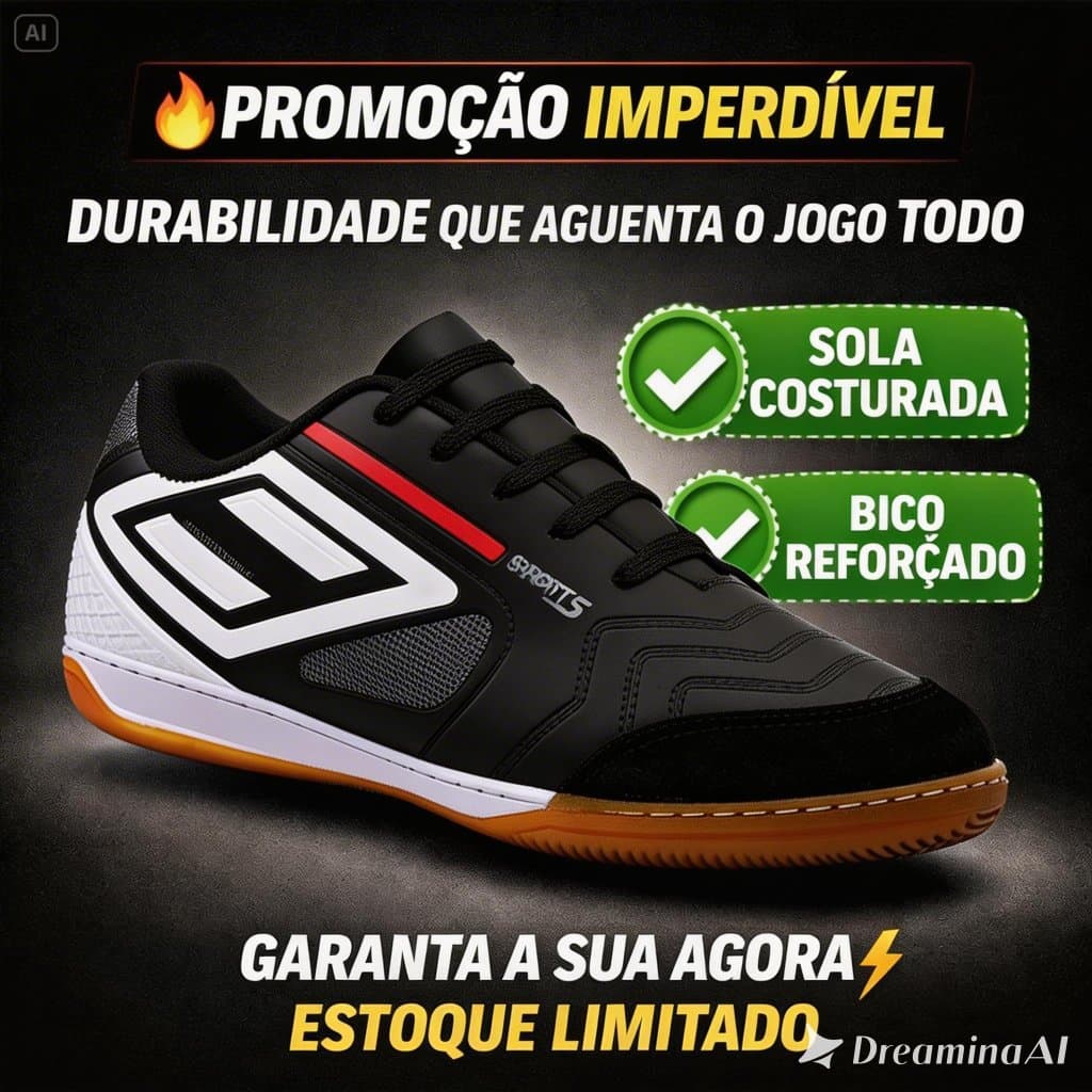 Chuteira Futsal Sport 5 Antiderrapante, Bico Reforçado e Sola Costurada 34 ao 43