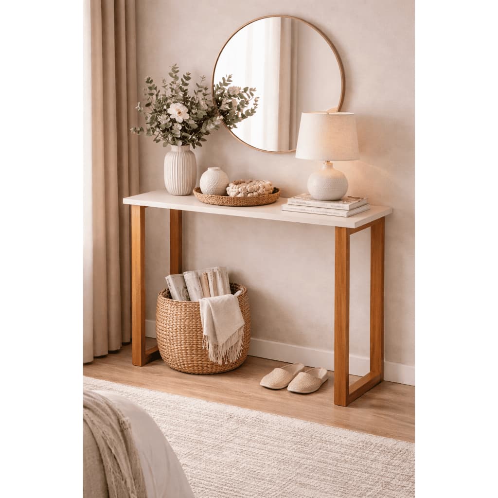 Mesa Escrivaninha Multiuso 90cm MDF com Pés de Madeira Aparador Sala Quarto Escritório Mesa de Apoio