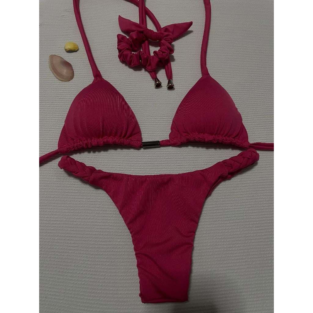 Biquíni cortininha com calcinha trancinha - marquinha - rosa pink tecido relevo