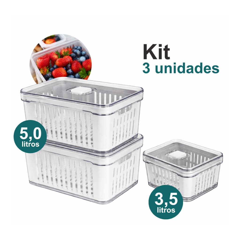 Kit Completo Organizador de Geladeira com Cesto 3 Peças (2x 5L + 1x 3,5L) Acrílico Transparente