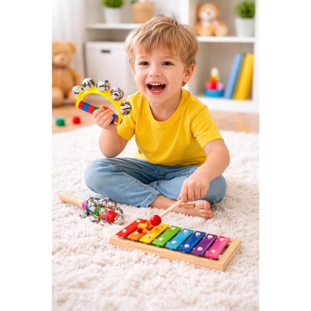 Instrumentos Musicais Xilofone+ Pandeiro e Chocalho com Guizo de Madeira