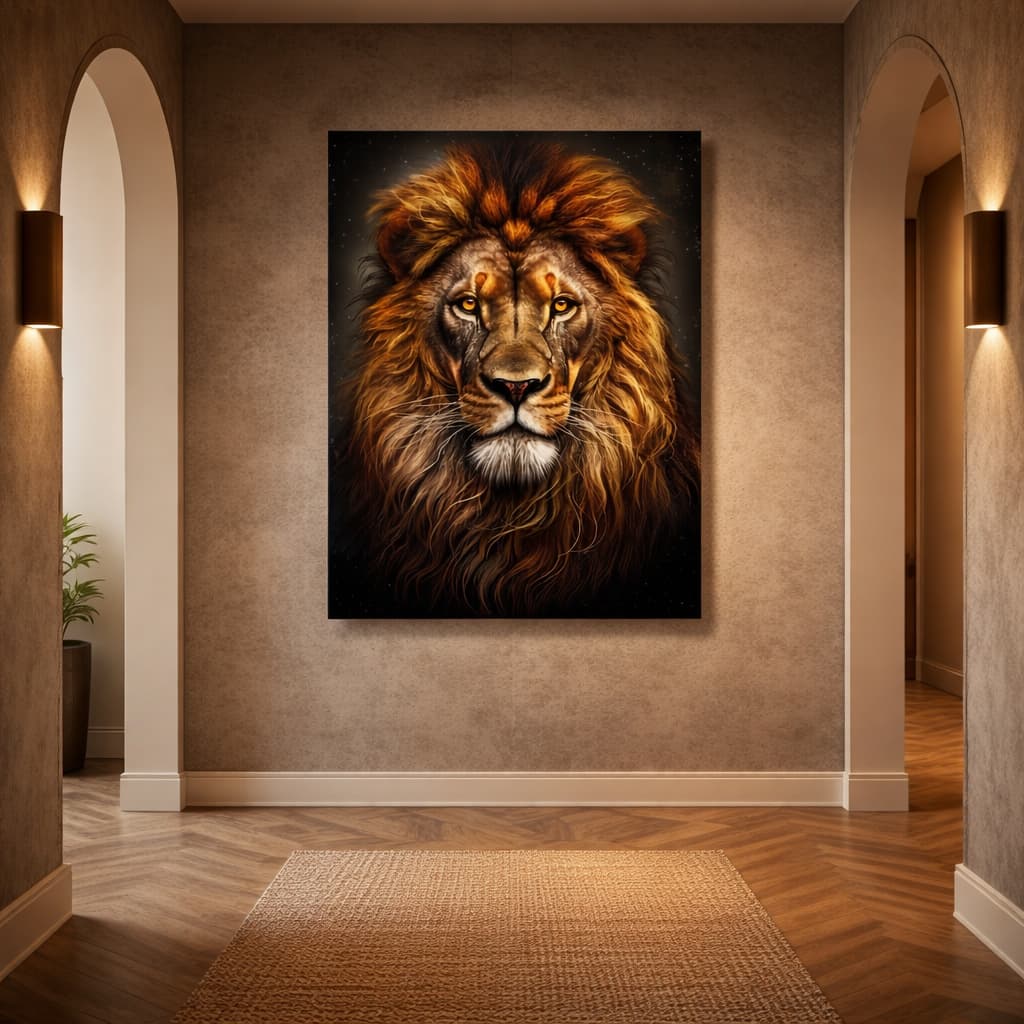 Quadro Decorativo Retrato de Leão Imponente Sombrio Intimidador Dourado  Arte Luxo e Mistério MDF