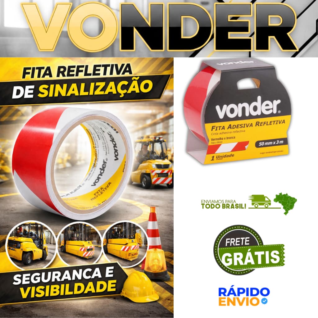 Fita Zebrada Refletiva Adesiva 50mmx3M Vermelho/Branco Vonder Máquina Equipamento Veículo Industrial