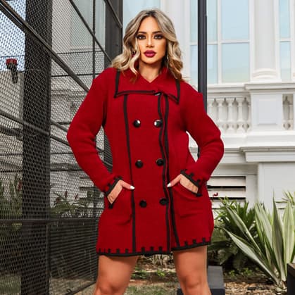 Sobretudo Madri Tricot Feminino Mousse Elegante Manga Longa com botões Tendência Moda Inverno