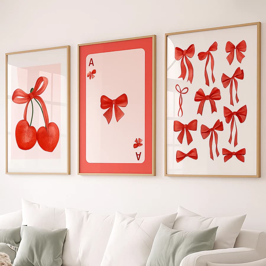 Quadro de decoração-cerejas-laços-estética-sala de espera-colorido-azul-rosa-vermelho