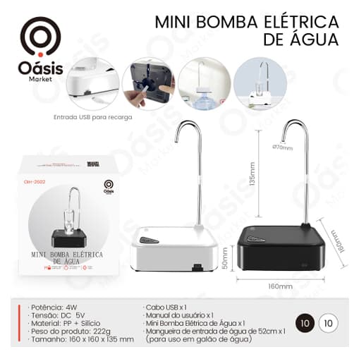 Mini Bomba Elétrica de Água USB Dispenser Automático Portátil Base Estável Recarregável