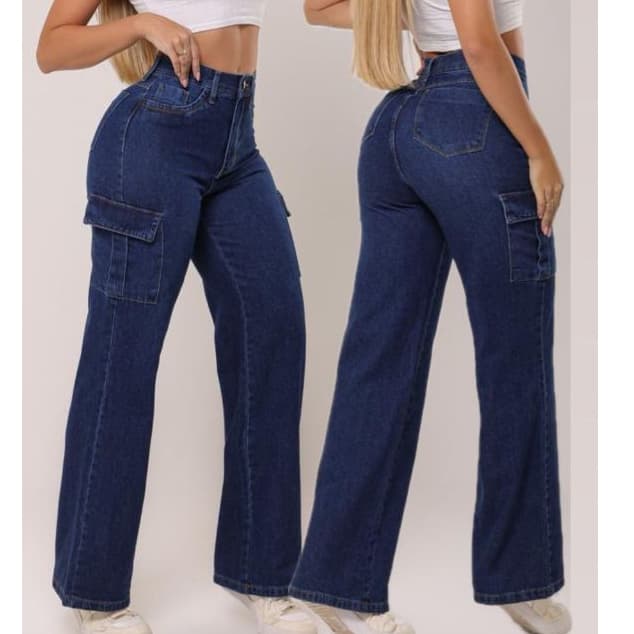 Calça Jeans Feminina Wide Leg Cargo Mom Marmorizada Sem Lycra Cintura Alta Modelagem Premium
