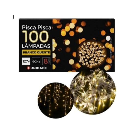 PISCA-PISCA NATALINO LED BRANCO QUENTE 100 LÂMPADAS 8 FUNÇÕES SEQUENCIAL 127V 9M