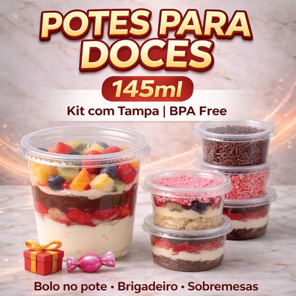 Kit 24/48/72/96 Pote Redondo Com Tampa Para Alimentos e Sobremesa Plástico 140ml
