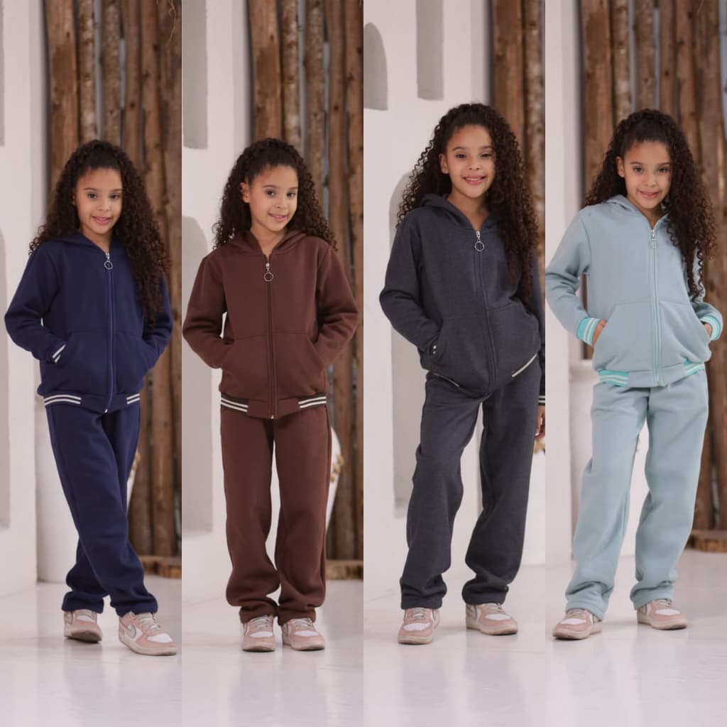 Conjunto Moletom Menina Juvenil 10 12 14 – Roupa de Frio Infantil com Capuz, Zíper e Calça Confortável